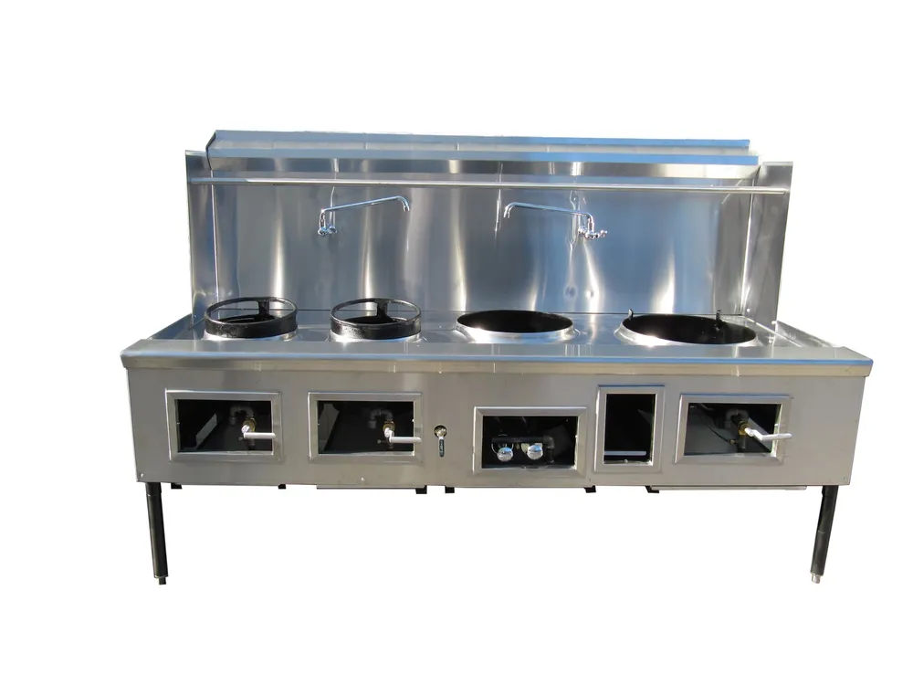 Custom four-hole Chinese wok range with heavy-duty stainless steel construction