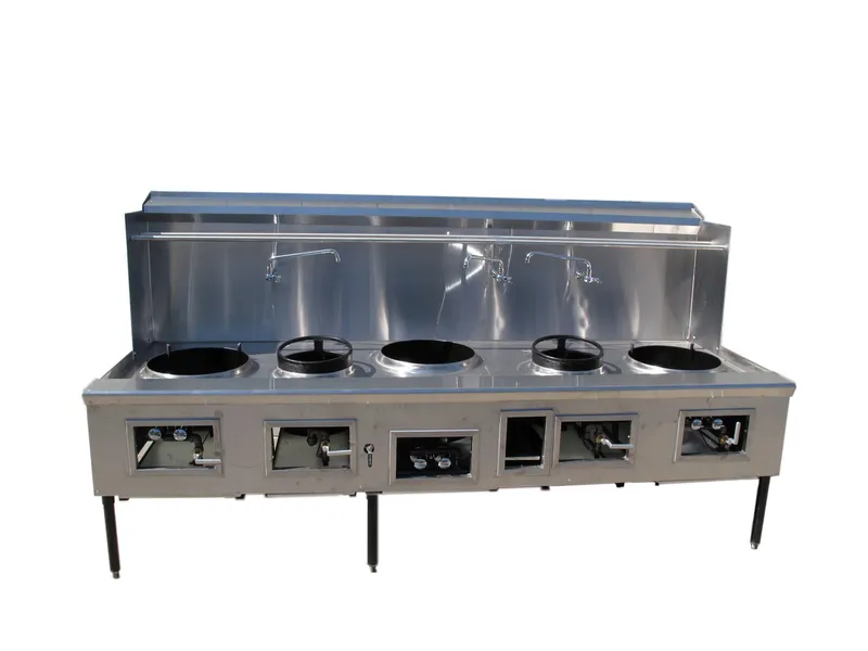Custom five-burner Chinese wok range in heavy-duty stainless steel