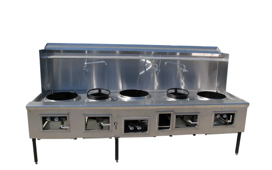 Custom five-hole Chinese wok range with heavy-duty stainless steel backsplash