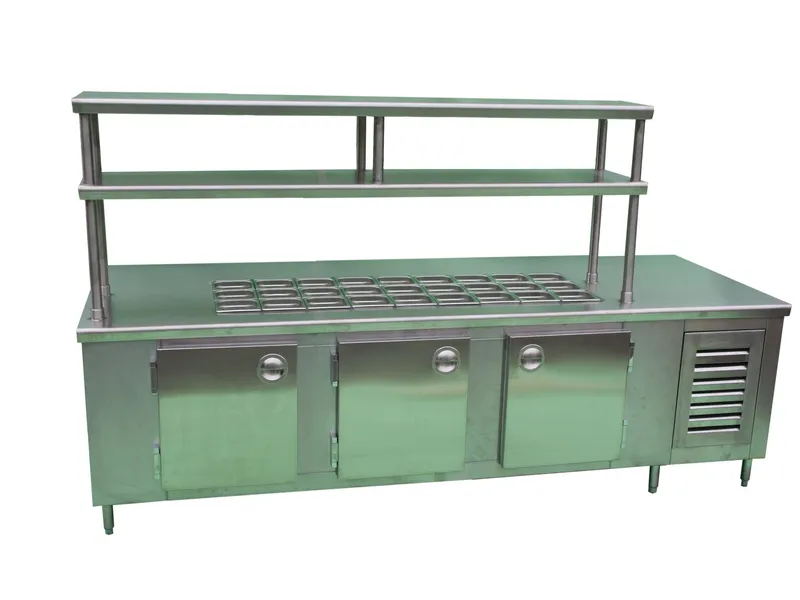 Custom stainless steel refrigerated prep table with overshelf