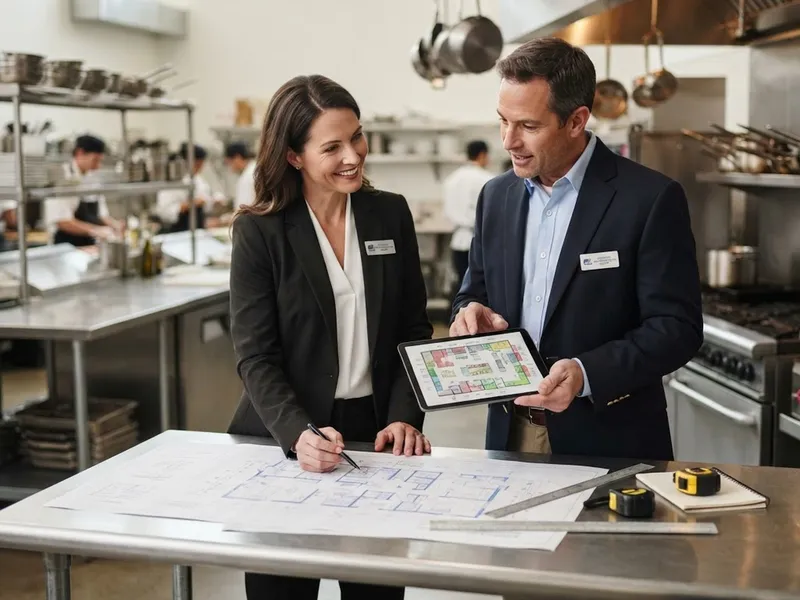 Architectural floor plan on a table during a kitchen consultation