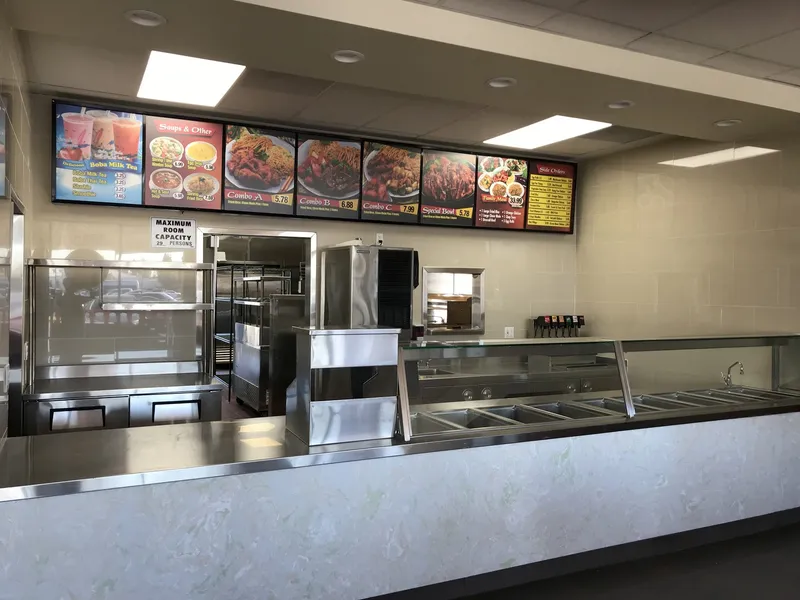 Quick-service Chinese restaurant counter with custom stainless steel steam table