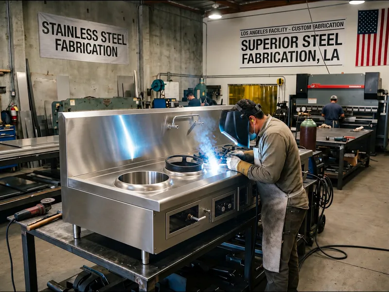 Welder fabricating a custom stainless steel wok range